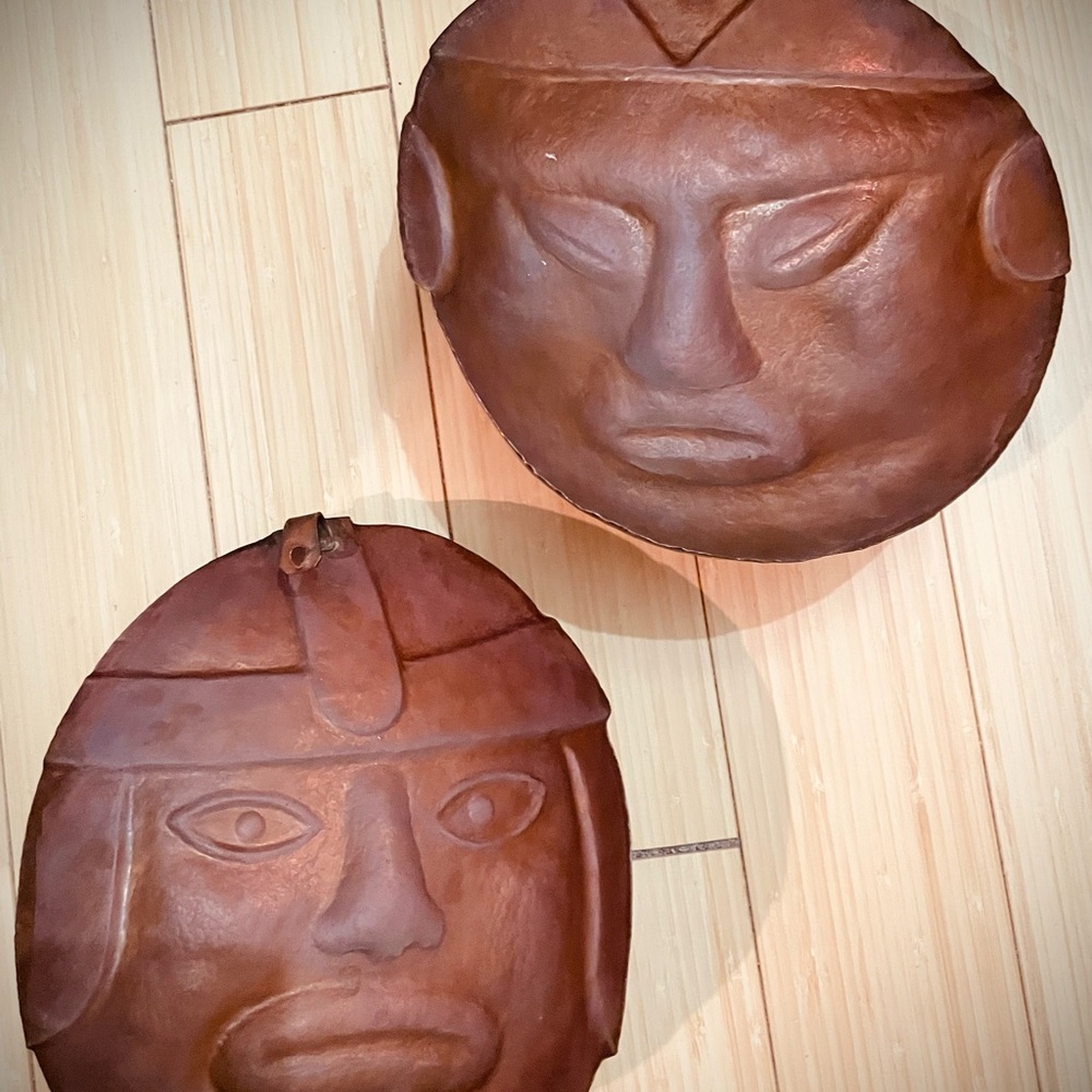 2 VTG RARE Hammered Copper Masks Creepy Aztec Decor 9" Hanging 3D Wall Art - Picture 4 of 9